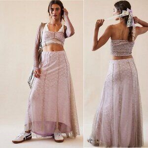 Free People Shape of You 2PC Set Crop Top Maxi Skirt Size S Sandy Pink Lace NEW